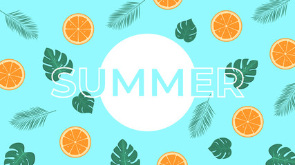 Summer banner design. Contour Typography element with palm leaves and slices of orange. Vector illustration