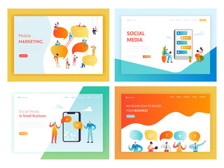 Fototapeta na wymiar Social Media Networking Concept Landing Page Template Set. People Characters Chat in Social Network Communication Marketing for Website Web Page Banner. Vector illustration