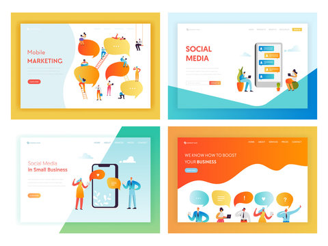 Social Media Networking Concept Landing Page Template Set. People Characters Chat in Social Network Communication Marketing for Website Web Page Banner. Vector illustration