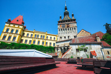 Fototapeta premium Famous clock tower build by Saxons in the nice touristic city Sighisoara.