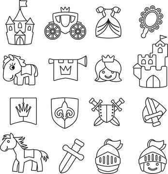 Vektor Set Grafiken Ausmalbild Ritter und Mittelalter