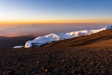 Glacier on the summit of Mount Kilimanjaro at sunrise