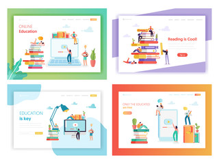 Online Education Concept Landing Page Template Set. Student Character Reading Book. Distance Education Training Courses Video Tutorial for Website, Web Page Banner. Vector illustration
