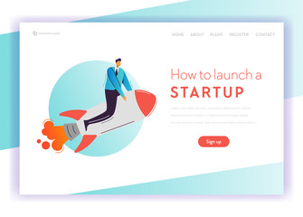 Business Project Start Up Concept Landing Page Template. Businessman Character Flying on Rocket, Career Growth for Website, Web Page Banner. Vector illustration