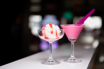 Venila and Strawberry Ice Cream in Glass with Strawberry milk shake