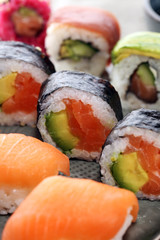 close up of sashimi sushi set with chopsticks and soy - sushi roll with salmon and sushi roll with smoked eel