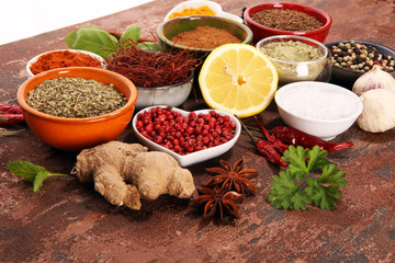 Spices and herbs on table. Food and cuisine ingredients.