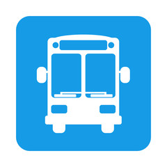  Icono plano autobús vista frontal en cuadrado color azul