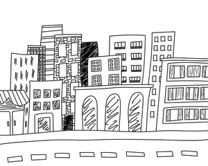  Cartoon city street, black outline, vector illustration © Leiana
