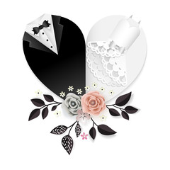 Wedding card with paper cut flowers and heart shape clothes of bride and groom