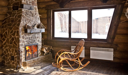 country style interior in hunter chalet with fireplace