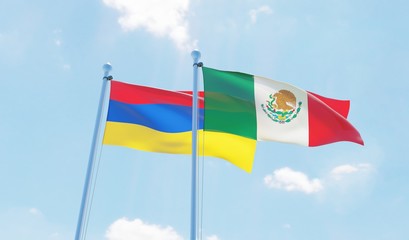 Mexico and Armenia, two flags waving against blue sky. 3d image