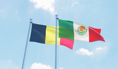 Mexico and Belgium, two flags waving against blue sky. 3d image