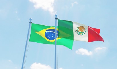 Mexico and Brazil, two flags waving against blue sky. 3d image