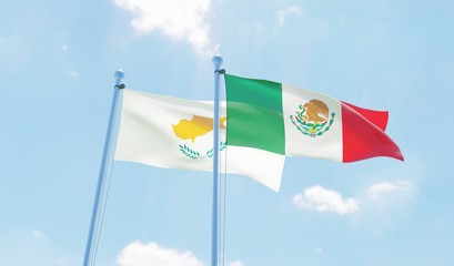 Mexico and Cyprus, two flags waving against blue sky. 3d image