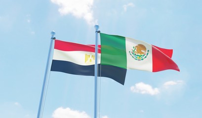Mexico and Egypt, two flags waving against blue sky. 3d image