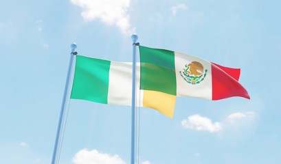 Mexico and Ireland, two flags waving against blue sky. 3d image