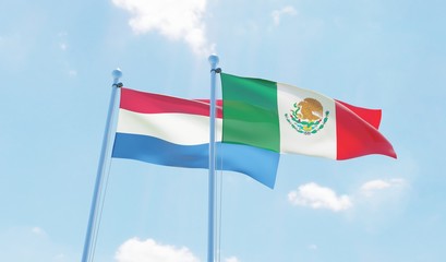 Mexico and Netherlands, two flags waving against blue sky. 3d image