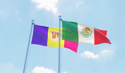 Mexico and Andorra, two flags waving against blue sky. 3d image