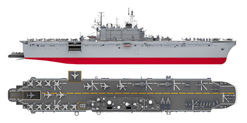 aircraft carrier side and top view isolated on white