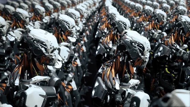 The camera flies past a detachment of robot soldiers on a spaceship. Super realistic cinematic sci-fi animation.