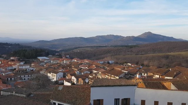 Aerial view of the town of Candelario (Spain) at sunset 