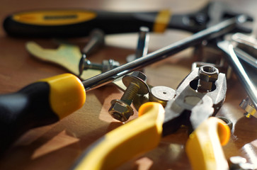 Do It Yourself DIY accessories - locksmith tools, wrenches, screwdrivers, pliers, nuts and bolts on...