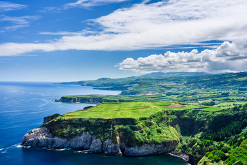 the cliff and the ocean, panorama of the coast in azores islands. portugal - 249766534