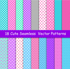 Seamless vector patterns in lol doll surprise style. Endless background with hearts, stripes and polka dots. Decor for children's birthday, girls party, gift wrapping.