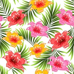 Tuinposter Seamless pattern of a tropical palm tree, jungle leaves and flowers. Hand drawing. Vector floral pattern. © podtin