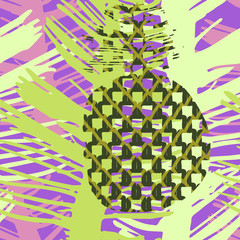 Sun seamless pattern with palm leaves and pineapple in doodle style. Tropical collection of hand drawn sketches. Joyous colors. Hand drawing graphics. Great for textiles. banners and posters.