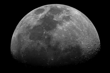 Detailed Moon in waxing gibbous phase with its craters, taken with large diameter telescope...