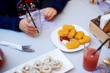 Cafe with delicious food. Celebration. Delicious food on a bright table in the restaurant.