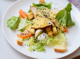 Cafe with delicious food. Celebration. Delicious food on a bright table in the restaurant.