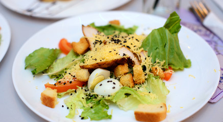 Cafe with delicious food. Celebration. Delicious food on a bright table in the restaurant.