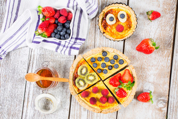 Fruit tarts with sweet fresh berries. Freshly baked cake. Decorated with a  berry. Fruit pie. - Image