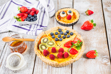 Fruit tarts with sweet fresh berries. Freshly baked cake. Decorated with a  berry. Fruit pie. - Image