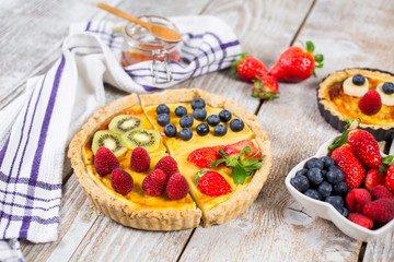 Fruit tarts with sweet fresh berries. Freshly baked cake. Decorated with a  berry. Fruit pie. - Image