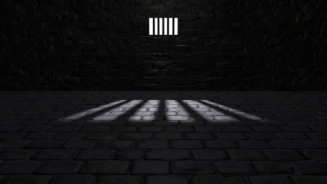Prison cell, inside a prison cell. Shadows projected on the ground, cell window. 3d rendering