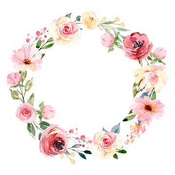 Wreath with watercolor flowers, floral frame for greeting card, invitation and other printing design. Isolated on white. Hand drawing.