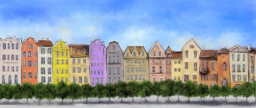 Digital painting landscape. View of the old town. Old city. Fine art.