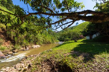 view of a river in the mountains to sunset