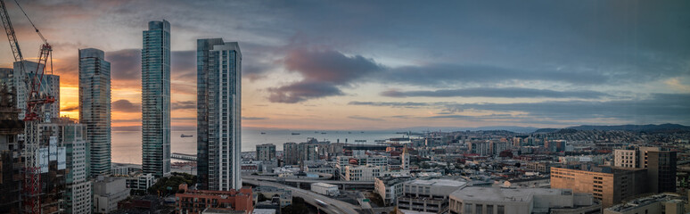 Wide sunrise panorama of San Francisco looking towards the ballpark and the bay