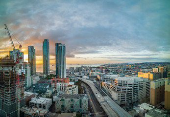 Downtown San Francisco sunrise looking towards the stadium and the bay