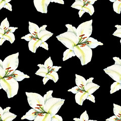 Watercolor seamless pattern with illustration of white lily flower on black background. Could be used as decoration for web design, cosmetics design, package, textile