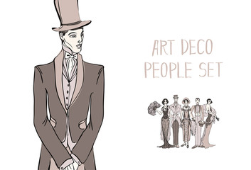 Art deco people set. Gatsby style set. Group of retro woman and man. design in 20's style. sketch...