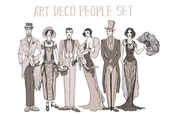 Art deco people set. Gatsby style set. Group of retro woman and man. design in 20's style. sketch...