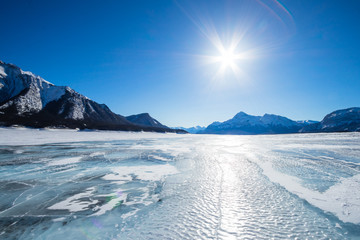Winter Lake Minnewanka, Abraham, Methane bubbles,lifestyle, Travel Alberta, Canadian Rockies,Banff National Park,Icefiled Parkways