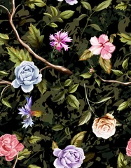 Foto op Canvas Seamless pattern of carnation flowers, roses, peony, leaves, cornflowers  © DNZ CreativeDesign
