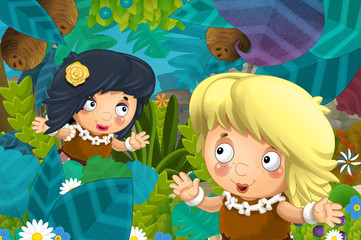 cartoon scene with caveman barbarian warrior woman in the jungle illustration for children
